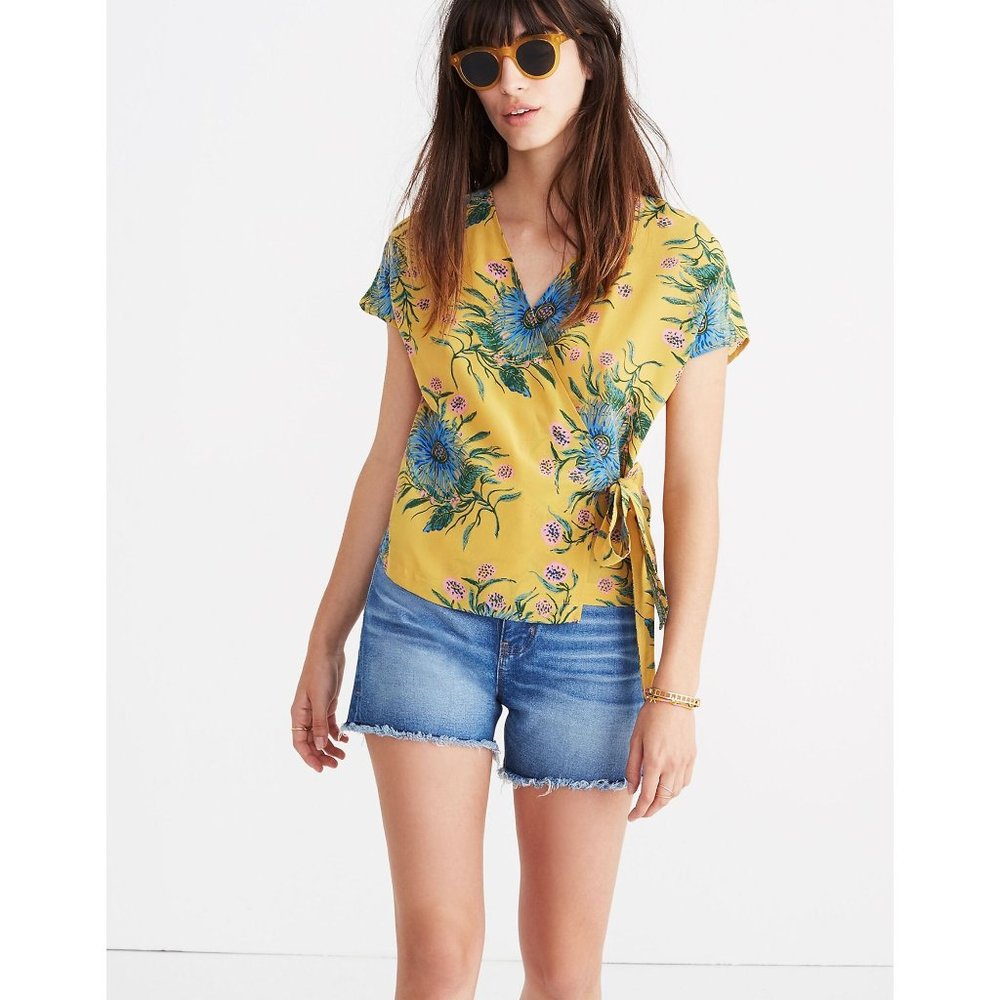 Madewell Womens XL Yellow Floral Painted Blooms Silk Tie Side Wrap Blouse Top